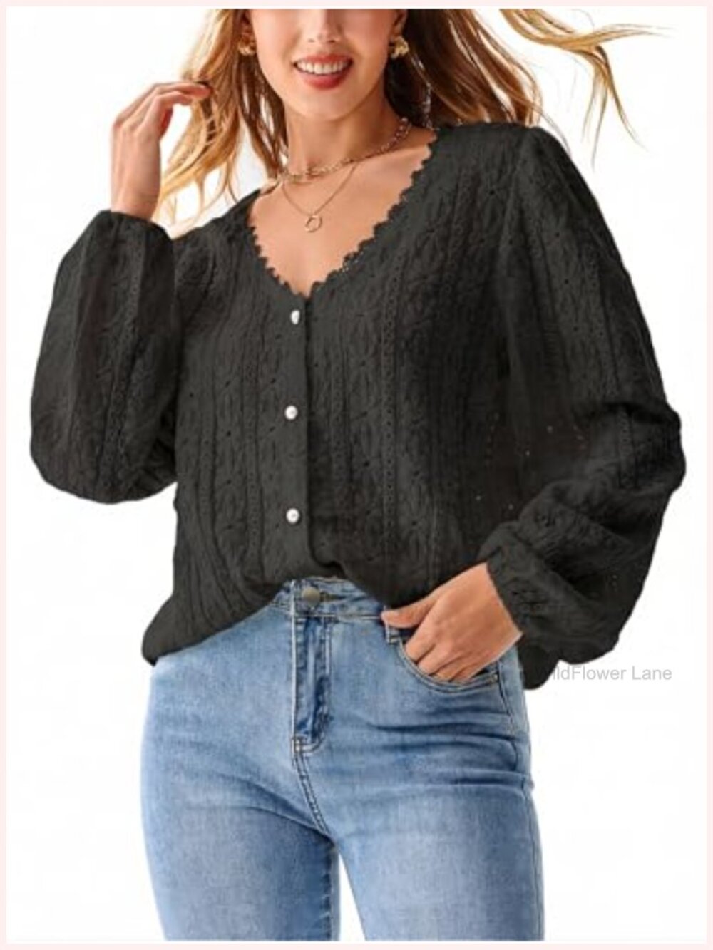Eyelet Lace V Neck Puff Sleeve Blouse Long Sleeve Top